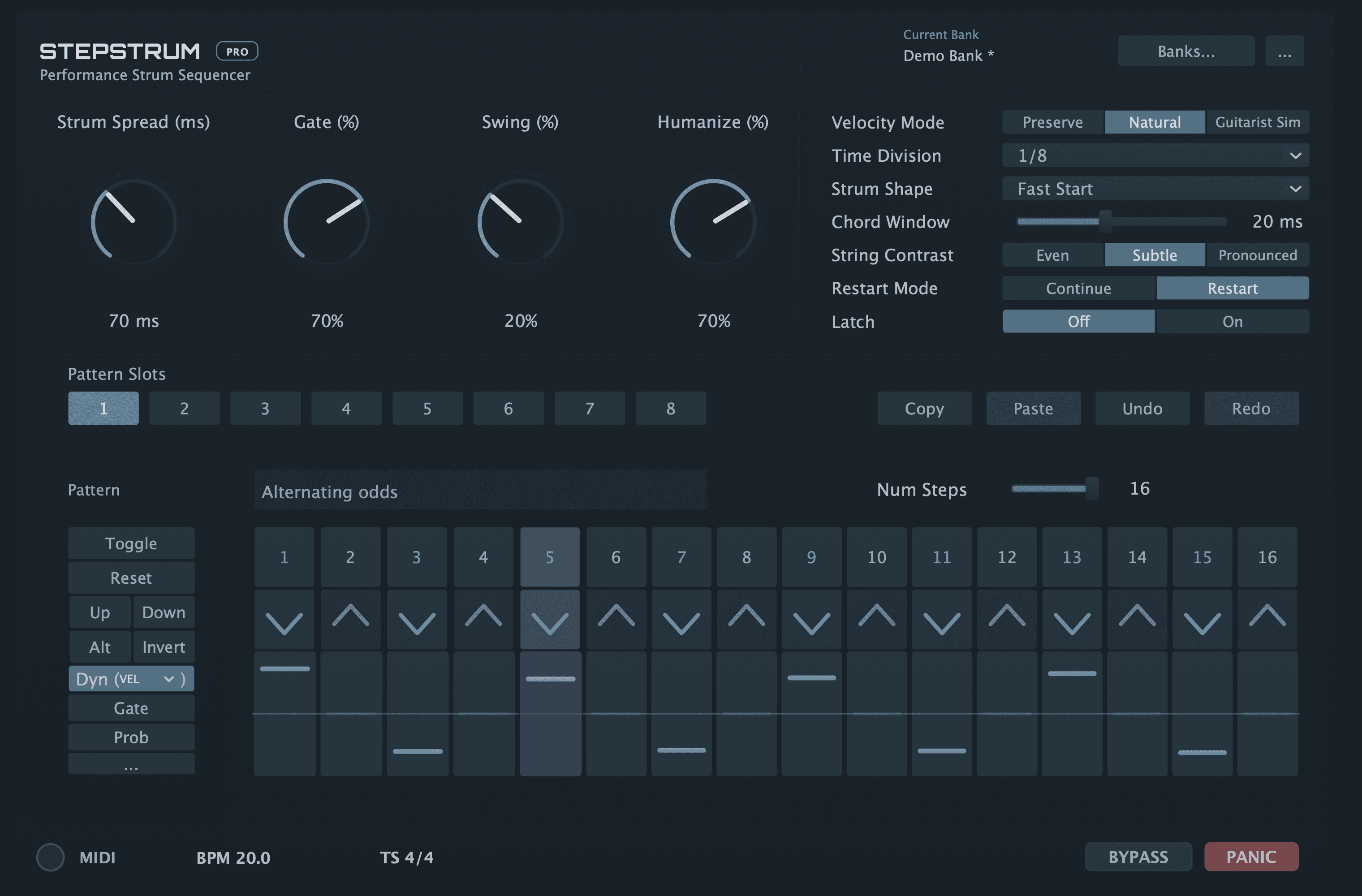StepStrum Pro interface screenshot with advanced sequencing controls.